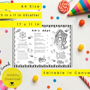 May include: A black and white kids menu with a mermaid illustration, word puzzles, and menu items. The menu is available in A4, 8.5 x 11 in USLetter, and 17 x 11 in sizes. The menu is editable in Canva and available for instant download.