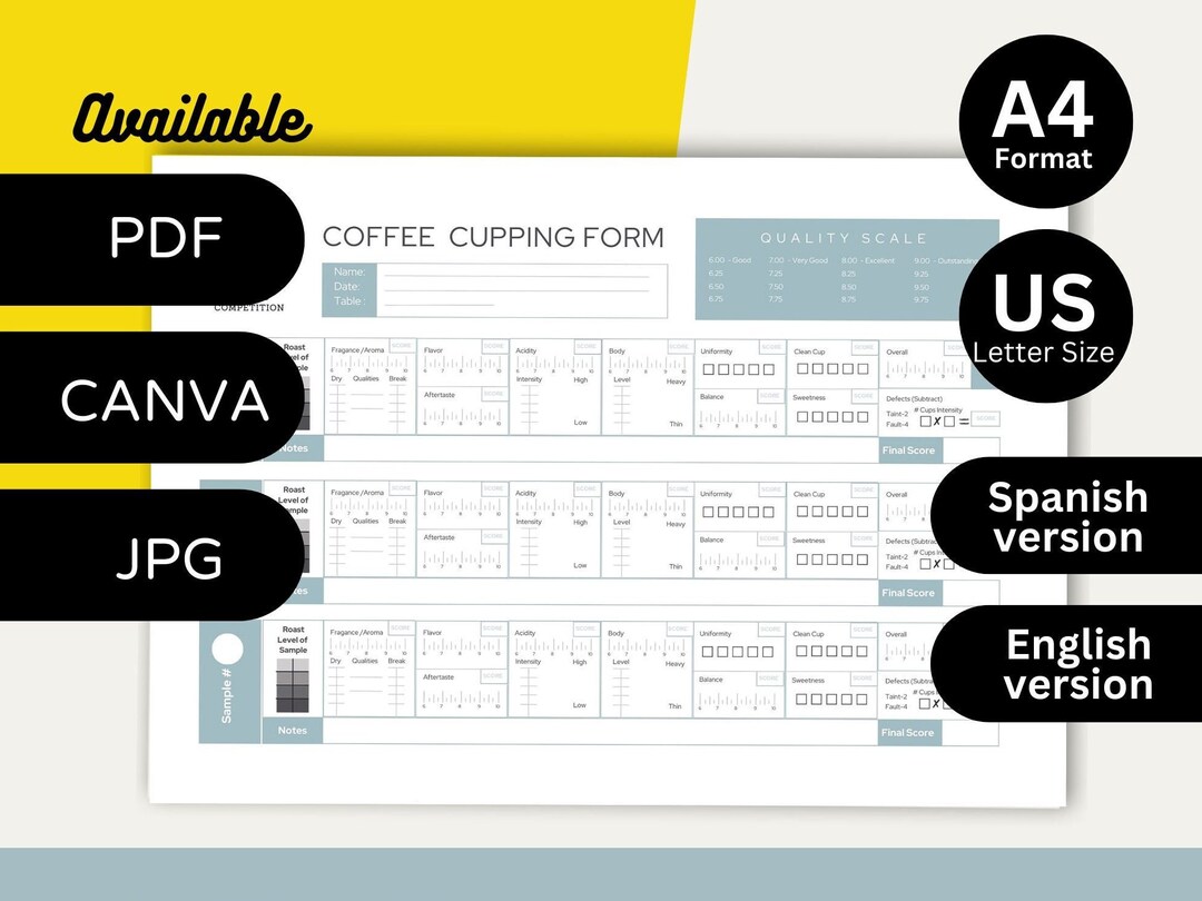 Specialty Coffee Cupping Form Printable Tasting Note Scaa Form Pdf Jpg and Canva Ingles Espanol