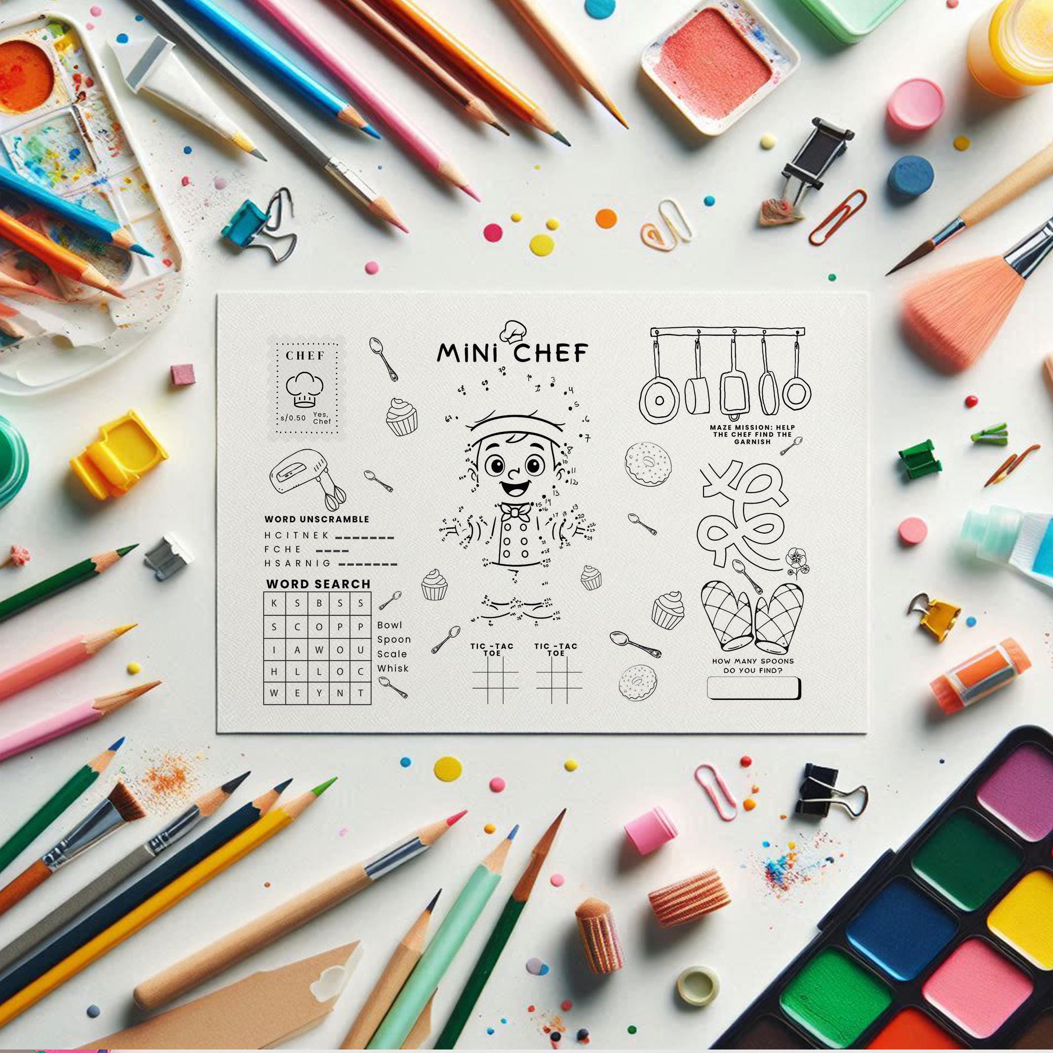 Mini Chef Coloring Placemat Educational Kids' Menu Sheet Activity ...