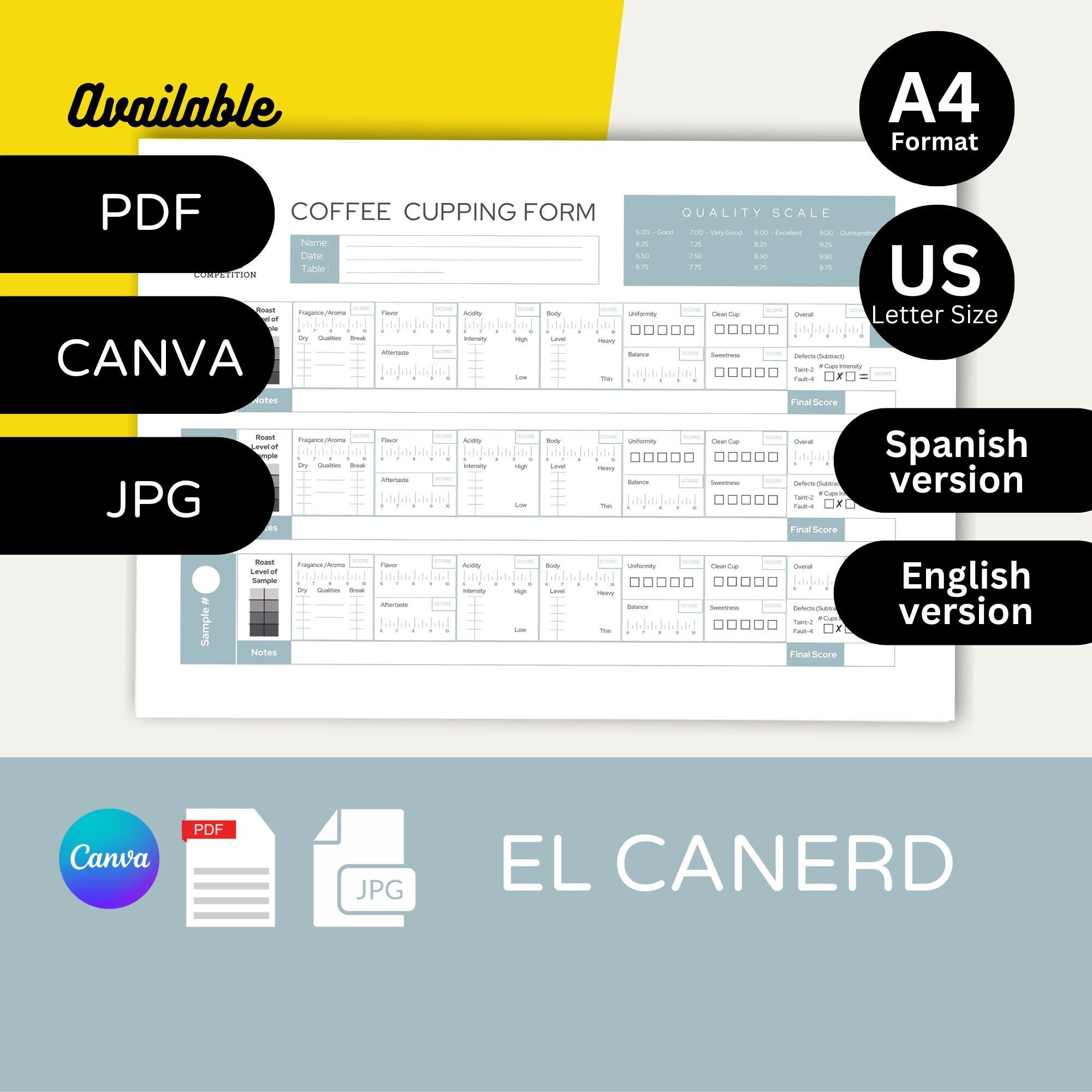 Coffee Cupping Form Cupping Note Public Cupping Sensory Printable Instant Downloads A4 SCAA
