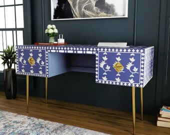 study table organizer Perfect Piece of art | Bone Inlay desk | Desk with storage - Sunflower design - Handmade Study table inlay - Blue and White