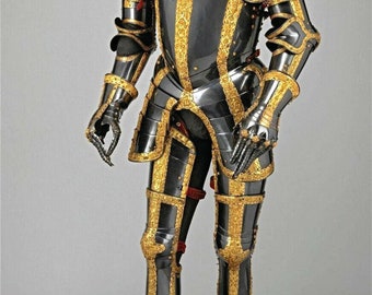 GOLD ARMOUR, RIDDER Cosplay, Middeleeuws pantser, Gepersonaliseerde Live Action Rollenspel Goud geëtst Full Body Wearable stalen pak voor cosplay