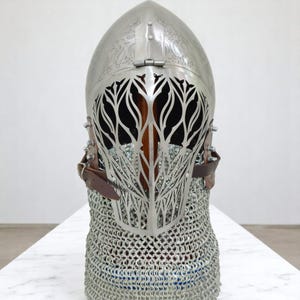 Medieval Chainmail Steel Helmet – Closed Face Crusader Armor – Knight Cosplay Headgear for LARP & Halloween Costume