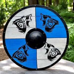 Medieval Viking Shield – Wooden Valhalla Shield with Wolf Design | Norse Warrior Decor | Viking Wall Art | Handmade Battle Shield Replica