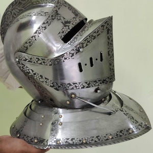 Medieval Steel Close Helmet Knight Armet Helmet With Face Visor And Embossed Sca