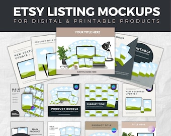 May include: A collection of 444+ digital mockup bundles for Etsy listings. The mockups feature various devices, including laptops, tablets, and phones, displaying digital products. The mockups are designed to help sellers showcase their products in a professional and visually appealing way.