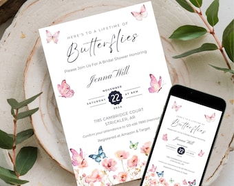 Lifetime of Butterflies Bridal Shower Invite | Wildflower Bridal Shower Invite |  E Invite Template | Canva Template