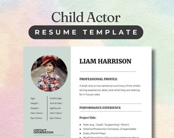 Può includere: Un modello di curriculum per attori bambini con una foto di un bambino che indossa un cappello rosso. Il modello include sezioni per il profilo professionale, l'esperienza di recitazione e le informazioni di contatto. Il testo "LIAM HARRISON" è in cima alla pagina.