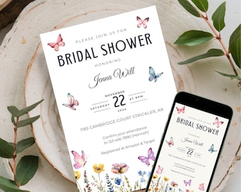Vlinders bruids douche uitnodigen | Wildflower bruids douche uitnodigen | E-uitnodigingssjabloon | Canva-sjabloon