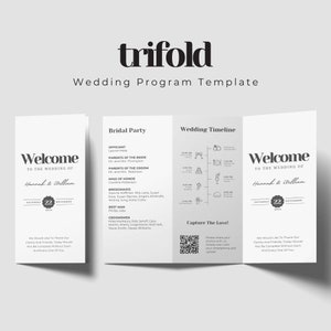 Puede incluir: Un programa de boda tríptico con un diseño minimalista. La portada dice "Bienvenida a la boda de Hannah & William" con la fecha. En el interior, enumera la fiesta nupcial y el calendario de la boda. La combinación de colores es blanco y negro.