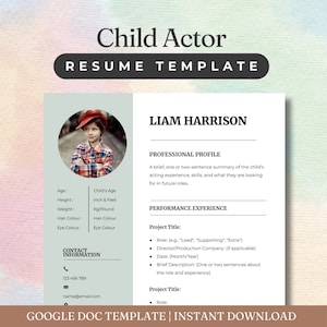 Modello di curriculum per attore bambino - Modello di curriculum di Google Doc - Download immediato