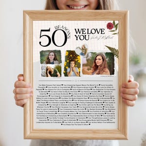 Plantilla editable de Canva con 50 razones por las que te amamos, 50 cosas que amamos de ti, regalo para un mejor amigo que cumple 50 años, regalos de cumpleaños importantes