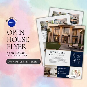 May include: A flyer template for an open house listing. The flyer features a modern home with large windows and a landscaped yard. The flyer includes the address, realtor information, and a list of property features. The flyer is editable with Canva.