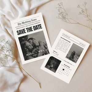 Save The Date Zeitung Design mit Kalender | Canva Vorlage | Speichern Sie die Datum-Digital-Einladung