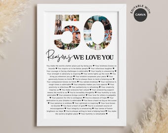 50 Reasons We Love You Poster With Pictures Canva Template,Best Friend 50th Birthday Gift,Printable 50th Birthday Gift for Him or Her