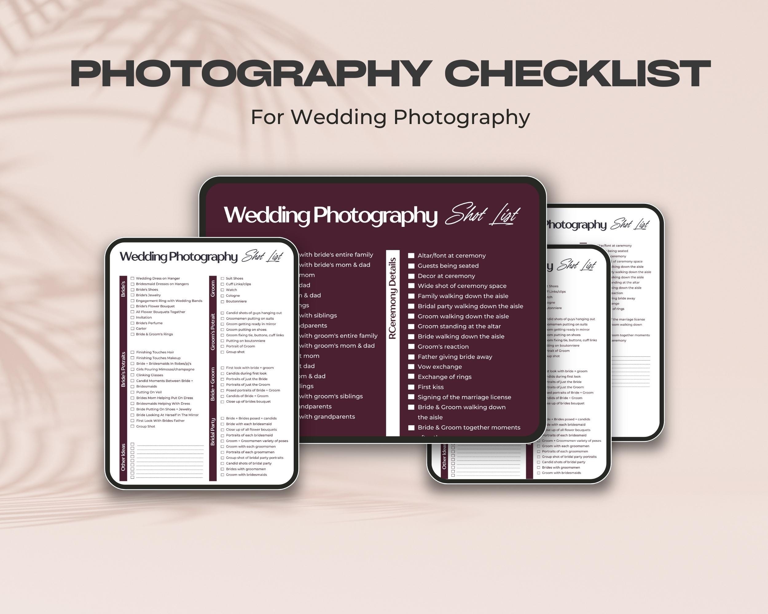 Wedding Photography Shot List Printable Wedding Photographer Checklist ...