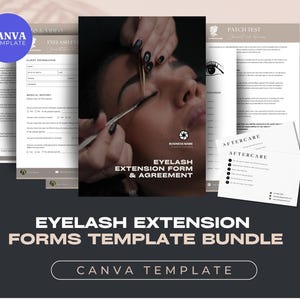 May include: A Canva template bundle for eyelash extension forms and agreements. The set includes client information sheets, medical history forms, patch test documents, and aftercare cards, all featuring a professional layout with text.
