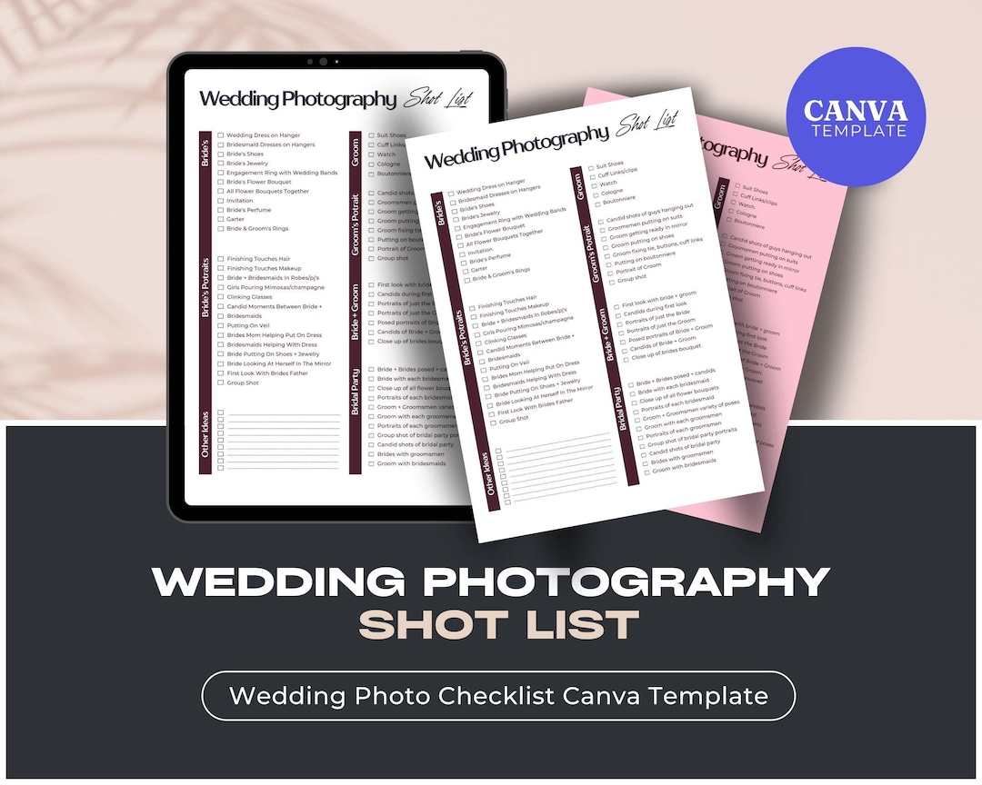 Wedding Photography Shot List Printable Wedding Photographer Checklist ...