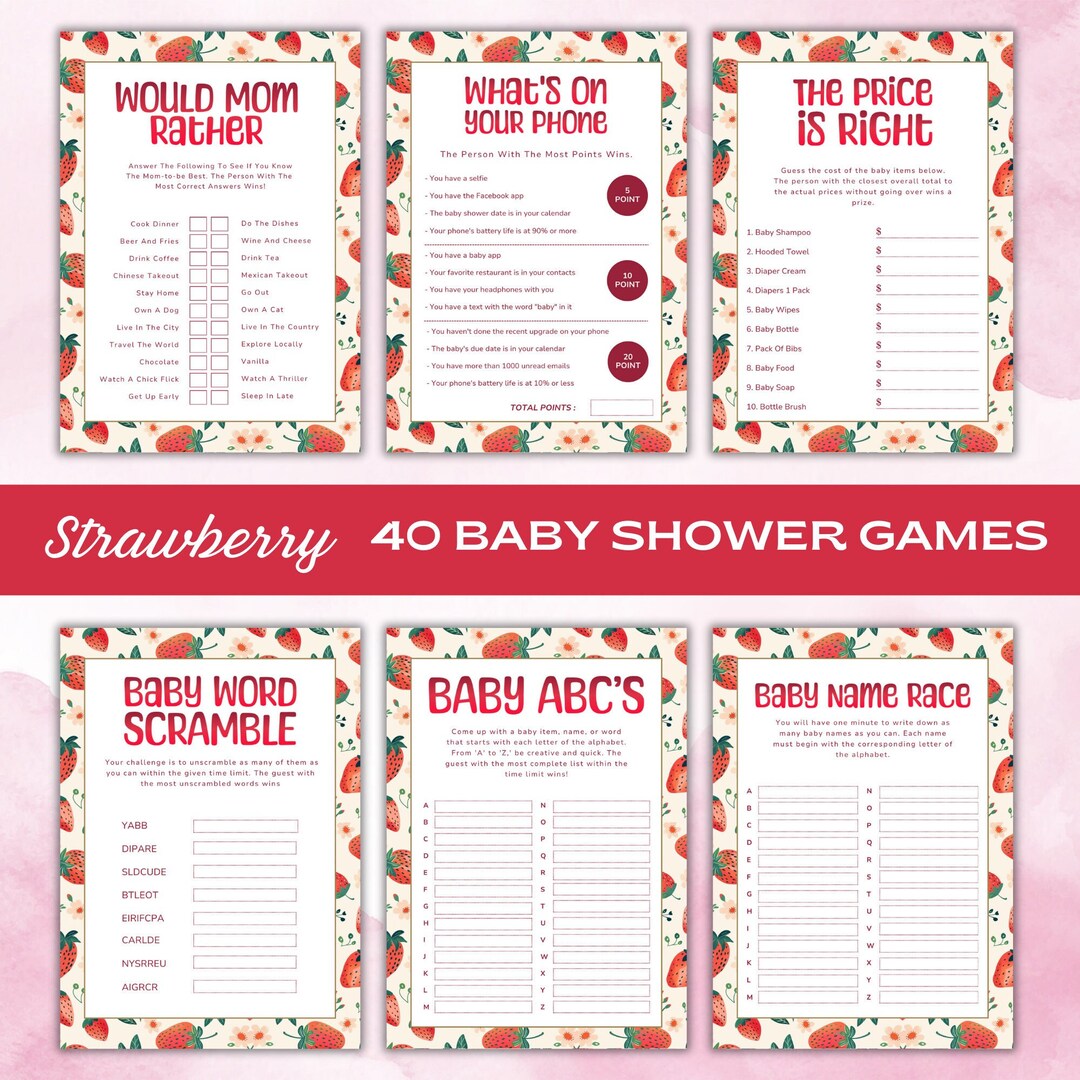 Strawberry Baby Shower Games Bundle Printable Baby Shower Games Canva