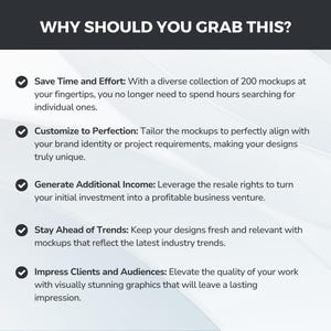 May include: A checklist of five reasons why you should grab this product. The reasons are: Save Time and Effort, Customize to Perfection, Generate Additional Income, Stay Ahead of Trends, and Impress Clients and Audiences.
