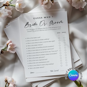 Raten Sie mal, wer Braut oder Bräutigam Spiel, Brautparty Spiel | Bearbeitbare Canva Vorlage | Brautparty-Spiel