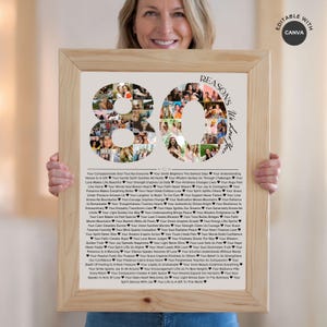 May include: A framed print with a wooden frame held by a person. The print features the number "80" composed of numerous photos. Text around the numbers reads "Reasons We Love You". The print is a personalized gift.