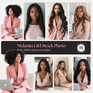 May include: A collage of eight photos featuring Black women in various poses, wearing pink suits and dresses. The photos are arranged in a grid pattern and have a black background with the text "Melanin Girl Stock Photo" and "PLR + MRR Licence Included".