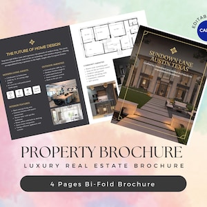 Brochure immobiliare di lusso / Brochure immobiliare pieghevole a metà / Modello Canva modificabile per immobili / Brochure per annunci immobiliari