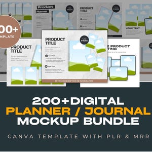 Puede incluir: Un paquete de maquetas de planificadores y diarios digitales con más de 200 plantillas. La imagen muestra una variedad de diseños de planificadores y diarios con esquemas de colores verde y azul. El texto "200+ DIGITAL PLANNER / JOURNAL MOCKUP BUNDLE" se muestra en texto amarillo sobre un fondo negro. El texto "CANVA TEMPLATE WITH PLR & MRR" se muestra en texto blanco sobre un fondo negro.