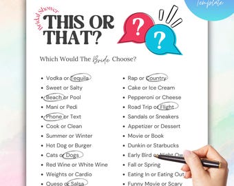 This or That Game, Bridal Shower Game Printable, Wedding Shower Game, Bachelorette Party Game, Canva Template Game, Bridal Party Game