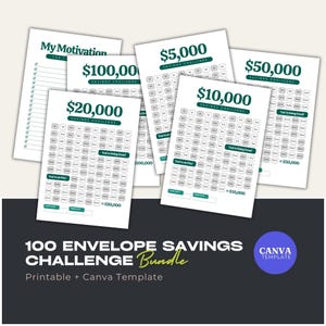 May include: A printable bundle of 100 envelope savings challenge trackers. The trackers are designed for saving amounts of $5,000, $10,000, $20,000, $50,000, and $100,000. The bundle includes a printable version and a Canva template.