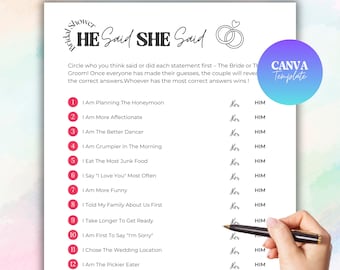 ブライダルシャワーゲーム「He Said She Said」：Canvaテンプレート（デジタルダウンロード）
