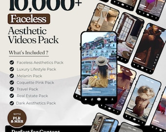 May include: An advert for a digital product, showing multiple smartphone screens displaying aesthetic videos. The text reads "10,000+ Faceless Aesthetic Videos Pack" with included packs like "Luxury Lifestyle" and "Travel". The product is aimed at content creators and digital sellers.