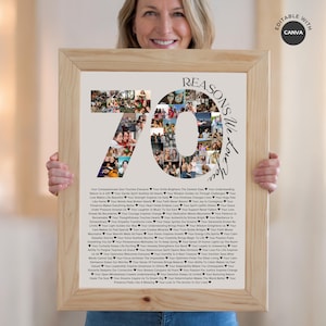 Plantilla de póster "70 razones por las que te amamos": regalo de 70 cumpleaños para mamá o papá: collage de fotos personalizado con 70 cosas que amamos de ti