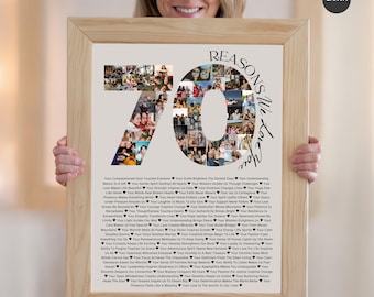 Modèle d'affiche 70 raisons pour lesquelles nous t'aimons - cadeau d'anniversaire pour 70 ans pour maman ou papa - collage photo personnalisé 70 choses que nous aimons chez vous