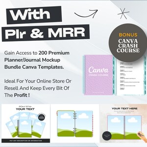 May include: A digital product bundle of 200 planner and journal mockup templates for Canva. The image shows a mockup of a planner with a green and blue cover and a white cloud design. The text "Canva Crash Course" is visible on a pink and white book. The text "Bonus Canva Crash Course" is visible on a yellow star-shaped graphic.