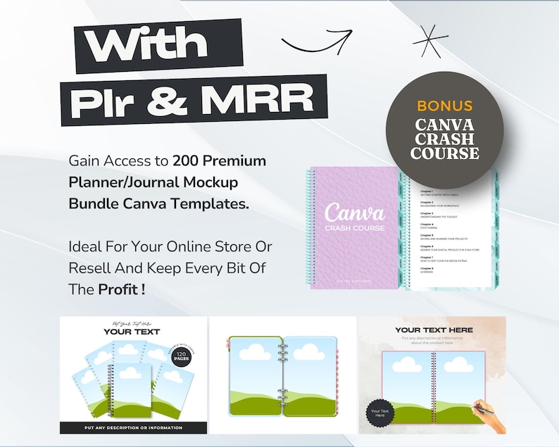 May include: A digital product bundle of 200 planner and journal mockup templates for Canva. The image shows a mockup of a planner with a green and blue cover and a white cloud design. The text "Canva Crash Course" is visible on a pink and white book. The text "Bonus Canva Crash Course" is visible on a yellow star-shaped graphic.