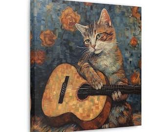Melodic Feline Muse: Van Gogh-Inspired Watercolor Print on Canvas Painting of Guitar-Playing Cat, choose size home décor floral wall art