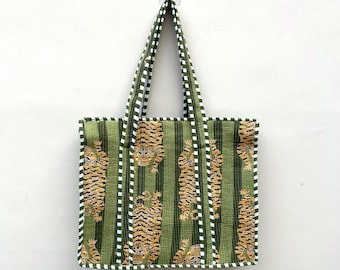 Handmade Quilted Tote Shopping Bag, Tiger Print Cotton Market Bag, Jhola Bag, Hippie Bag, Market Bag Reversible Carry Bag, Beach Bag