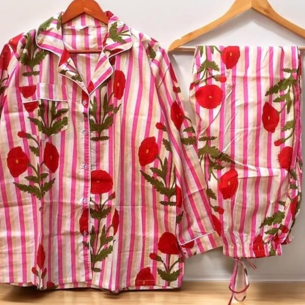 Hand Block Print Pajamas, Floral Pure Cotton Pj's, Pajamas Set ,Indian Cotton,Night Wear, Soft Cotton Night Suit,Gift for her,Bridesmaid Pj