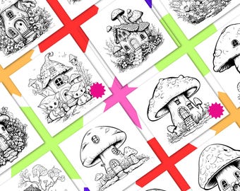 29 Mushroom House Coloring Pages | Enchanted Fairy Cottage Book | Fantasy Kids Printable PDF | Instant Download