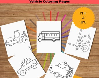 Páginas para colorear de vehículos para niños / 10 hojas de coches, camiones y autobuses / Descarga PDF + JPG