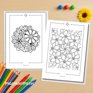 Floral Coloring Pages | 6 Printable Flower Sheets for Kids & Adults | Relaxing Art PDF
