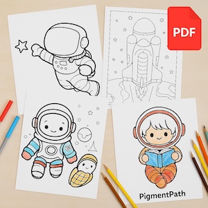 May include: Four black and white coloring pages featuring astronauts and a rocket ship. The first page shows an astronaut reaching for a star. The second page shows a rocket ship taking off. The third page shows an astronaut holding a small astronaut. The fourth page shows an astronaut reading a book. The pages are from PigmentPath.