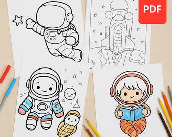 May include: Four black and white coloring pages featuring astronauts and a rocket ship. The first page shows an astronaut reaching for a star. The second page shows a rocket ship taking off. The third page shows an astronaut holding a small astronaut. The fourth page shows an astronaut reading a book. The pages are from PigmentPath.
