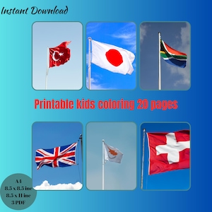 World Flags Coloring Book Printable for Kids – Educational Country Flag Activity Sheets, Homeschool Geography PDF Resources