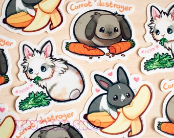 Bunnies Eating Nommies Vinyl Stickers / Cute Rabbit Stickers / Animals with veggies / Set of 3 / Waterbottle Stickers