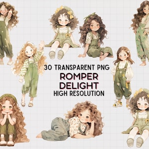 JDES 30 clip arts schattig meisje, jumpsuit meisje in groene afbeelding, schattig meisje transparante png voor sticker, planners en dagboekdecoratie