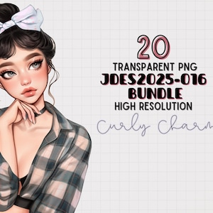 JDES2025-016 Cute Ribbon Girl Clipart Bundle, Aesthetic girl Illustration transparent PNG for Scrapbooking, Journaling, Sticker, Planner