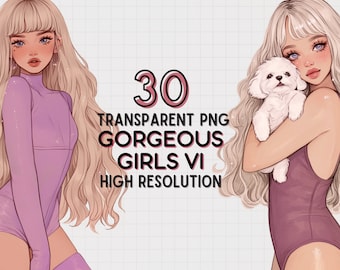 Glamour Girl Clipart: Fashion Illustration PNG Stickers (30 Designs)
